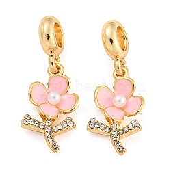 Rack Plating Alloy Enamel Flower European Dangle Charms, Large Hole Pendants, with Crystal Rhinestone, Golden, Cadmium Free & Nickel Free & Lead Free, Pearl Pink, 29.5mm, Hole: 4.8mm, Flower: 19x11x4mm(FIND-B034-15G-01)