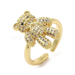 Rack Plating Brass Micro Pave Cubic Zirconia Finger Ring, Cuff Ring, Long-Lasting Plated, Cadmium Free & Lead Free, Bear, Clear, Inner Diameter: 16.6mm(RJEW-C072-32A-01G)