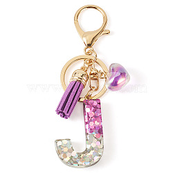 Alloy Resin Heart Keychains, with Lobster Claw Clasps, Golden, with Glitter Powder, Letter J, 99mm(KEYC-TADJ0002-01G-J)