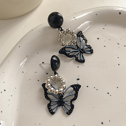 Enamel Butterfly Dangle Stud Earrings, Alloy Earrings with Sterling Silver Pins for Women, Black, 27~46mm(BUER-PW0001-002)