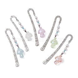 Mushroom AB Color Transparent Acrylic Bookmarks, with Glass Beads, Flower Pattern Tibetan Style Alloy Hook Bookmark, Mixed Color, 125mm(AJEW-JK00256)