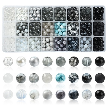 24 Style Glass Beads, Round, Gradient Color, Gray, 8~8.5mm, Hole: 1.3~1.6mm, about 27~30Pcs/style, 648~720Pcs/box