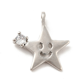Star with Smiling Face Brass Micro Pave Clear Cubic Zirconia Pendants, Cadmium Free & Lead Free, Platinum, 17x16x2.8mm, Hole: 1.8mm