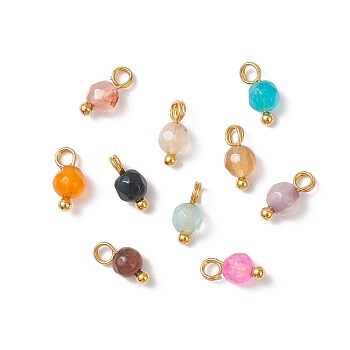 Natural Agate(Dyed & Heated) Faceted Round Charms, with Brass Loops, Mixed Color, Golden, 8~8.5x4mm, Hole: 2mm