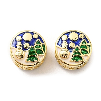 Christmas Brass Enamel European Beads, Large Hole Beads, Lead Free & Cadmium Free, Flat Round with Christmas Tree, Real 18K Gold Plated, 11x8.5mm, Hole: 4.2mm
