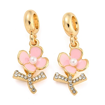 Rack Plating Alloy Enamel Flower European Dangle Charms, Large Hole Pendants, with Crystal Rhinestone, Golden, Cadmium Free & Nickel Free & Lead Free, Pearl Pink, 29.5mm, Hole: 4.8mm, Flower: 19x11x4mm