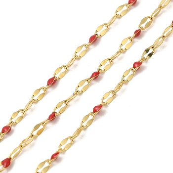 Ion Plating(IP) 304 Stainless Steel Dapped Chains, Enamel Style, Real 18K Gold Plated, Soldered, with Spool, Polished, Red, 4x2x0.3mm, about 32.81 Feet(10m)/Roll