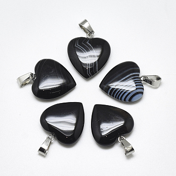 Natural Banded Agate/Striped Agate Pendants, Dyed, with Stainless Steel Snap On Bails, Heart, Stainless Steel Color, Black, 22~24x20~21x5~7mm, Hole: 3~4x7~8.5mm