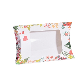 Paper Pillow Boxes, Gift Candy Packing Box, with Clear Window, Floral Pattern, White, 12.5x8x2.2cm