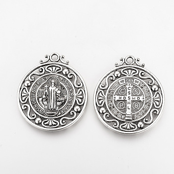 Tibetan Style Alloy Pendants, Flat Round, Cadmium Free & Lead Free, CssmlNdsmd Cross God Father Religious Christianity Pendant, Antique Silver, 45x40x3mm, Hole: 3mm, about 70pcs/1000g