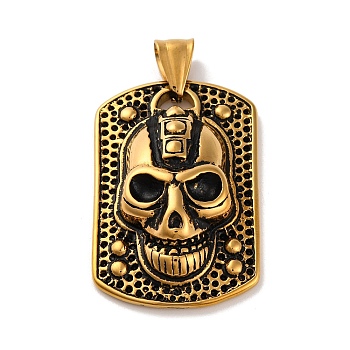 Halloween Theme 304 Stainless Steel Pendants, Rectangle with Skull Charm, Antique Golden, 39.5x26x9.5mm, Hole: 9x4.5mm