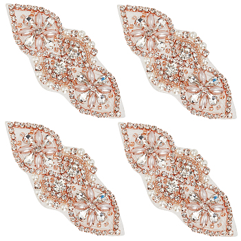 Alloy Glass Rhinestone Cloth Cabochons, Costume Accessories, Appliques, Flower, Rose Gold, 41x96~102x7mm