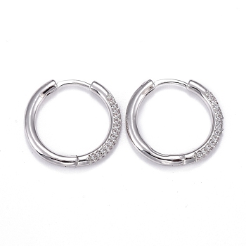 Brass Micro Pave Cubic Zirconia Huggie Hoop Earrings, Long-Lasting Plated, Ring, Clear, Real Platinum Plated, 20x2.5mm, Pin: 0.8mm