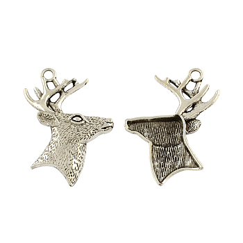 Tibetan Style Christmas Reindeer/Stag Head Alloy Pendants, Cadmium Free & Lead Free, Antique Silver, 49.7x44.5x8mm, Hole: 4mm, about 47pcs/500g