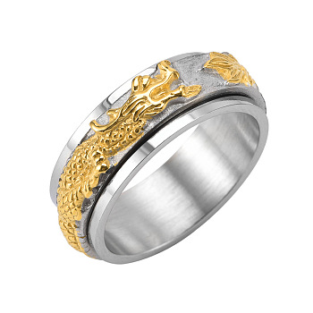Dragon Titanium Steel Rotating Finger Ring, Fidget Spinner Ring for Calming Worry Meditation, Golden & Stainless Steel Color, US Size 9(18.9mm)