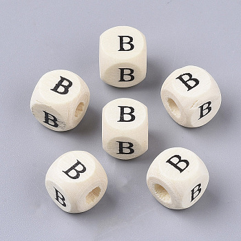 Printed Natural Wood Beads, Horizontal Hole, Cube with Initial Letter, PapayaWhip, Letter.B, 10x10x10mm, Hole: 3.5mm
