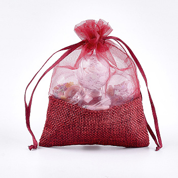 Organza Bags, with Burlap Cloth, Drawstring Bags, Rectangle, Red, 13.2~14.2x9.6~10.2cm