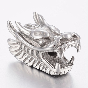 304 Stainless Steel European Beads, Large Hole Beads, Dragon Head, Stainless Steel Color, 28.5x15x17mm, Hole: 4mm