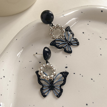 Enamel Butterfly Dangle Stud Earrings, Alloy Earrings with Sterling Silver Pins for Women, Black, 27~46mm