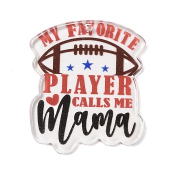 Sport Theme Transparent Acrylic Pendants, Word My Favorite Player Calls Me Mama, Indian Red, 40.5x34x2.2mm, Hole: 1.4mm