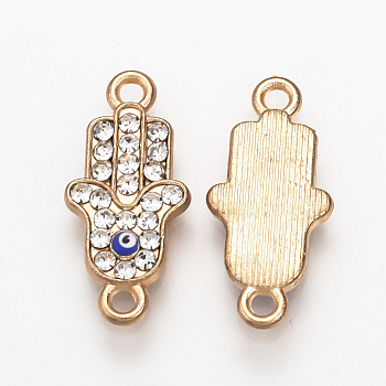 Alloy Rhinestone Links connectors, Enamel Style, Hamsa Hand/Hand of Fatima/Hand of Miriam with Evil Eye, Blue, Light Gold, 20x9x2mm, Hole: 1mm