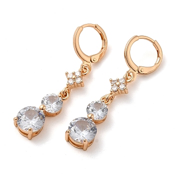 Rack Plating Golden Brass Dangle Leverback Earrings, with Cubic Zirconia, Flat Round, Clear, 41x8mm