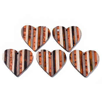 Stripe Resin & Walnut Wood Pendants, Heart, Dark Orange, 37.5x39x3.5mm, Hole: 2mm