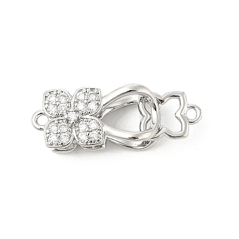 Brass Micro Pave Clear Cubic Zirconia Interlocking Clasps, Flower, Platinum, 25mm