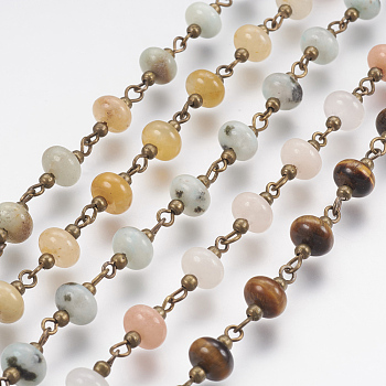 Natural Gemstone Handmade Beaded Chain, Unwelded, with Iron Eye Pin and Iron Beads, Antique Bronze, 39.37 inch(1m)/strand