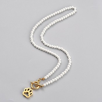 304 Stainless Steel Pendant Necklaces, with Acrylic Imitation Pearl Round Beads and Toggle Clasps, Dog Paw Print, White, Golden, 18.07 inch(45.9cm)