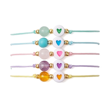 6mm Round Gemstone & Acrylic Enamel Heart Braided Bead Bracelets for Women, Mixed Color, Inner Diameter: 2-1/4~3-1/8 inch(5.6~8cm)