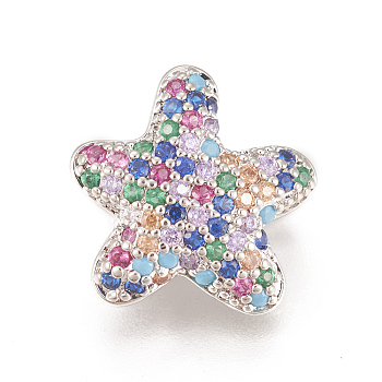 Brass Micro Pave Cubic Zirconia Slider Charms, Long-Lasting Plated, Lead Free & Cadmium Free & Nickel Free, Starfish/Sea Stars, Colorful, Real Platinum Plated, 15x15.5x7mm, Hole: 10.5x4mm