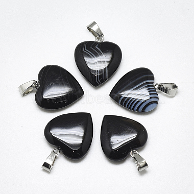 Stainless Steel Color Black Heart Banded Agate Pendants