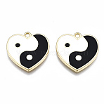 Rack Plating Alloy Enamel Pendants, Cadmium Free & Lead Free, Heart with Yin Yang, Light Gold, White, 18.5x18.5x2mm, Hole: 1.5mm(X-ENAM-T014-02A-RS)