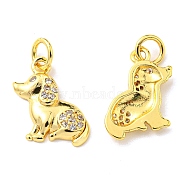 Rack Plating Brass Micro Pave Cubic Zirconia Charms, with Jump Ring, Dog, Real 18K Gold Plated, 14x13x2.3mm, Hole: 3.2mm(KK-D036-19G)