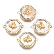 Brass Micro Pave Clear Cubic Zirconia Connector Charms, with Shell, Cadmium Free & Nickel Free & Lead Free, Polygon with Bee, Real 18K Gold Plated, 12.5x16x4mm, Hole: 1mm(KK-N233-153)