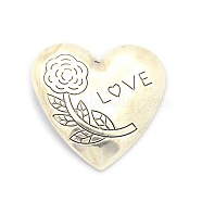 Iron Pendants, Heart with Rose Flower Pattern and Word LOVE, for Valentine'Day, Antique Silver, 50x50x5mm, Hole: 6mm(IFIN-J033-05AS)