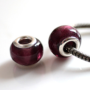 Handmade Silver Foil Glass European Beads, with Silver Color Plated Brass Cores, Rondelle, Purple, 14x10mm, Hole: 5mm(X-LPDL-R008-02)