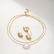 Fan Shape Golden Stainless Steel Jewelry Set, Stud Earrings & Adjustable Ring & Herringbone Chains Double Layer Necklace, White, 450mm, Inner Diameter: 16~18mm, 20x26mm(VT9934-2)