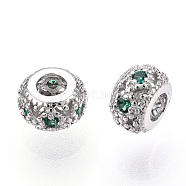 Rhodium Plated 925 Sterling Silver Pave Green Cubic Zirconia Spacer Beads, Hollow Rondelle Beads, Real Platinum Plated, 4.5x3mm, Hole: 2mm(STER-T007-14P)