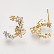 Brass Micro Pave Clear Cubic Zirconia Stud Earrings, Half Hoop Earrings, Nickel Free, Flower with Butterfly, Real 18K Gold Plated, 14x13mm, Pin: 0.8mm(X-EJEW-T007-14G-NF)