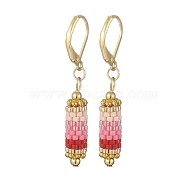 Glass Seed Braided Column Dangle Leverback Earrings, Golden 304 Stainless Steel Jewelry for Women, Pearl Pink, 42.5mm, Pin: 1x0.6mm(EJEW-MZ00058-01)