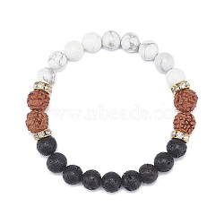 Natural Rudraksha & Howlite & Lava Rock Round Beaded Stretch Bracelet, Essential Oil Gemstone Yoga Jewelry for Women, Inner Diameter: 2-1/8 inch(5.35cm)(BJEW-JB09017)