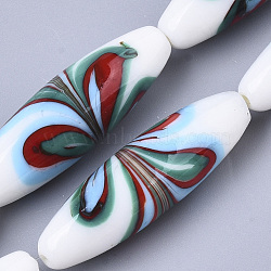 Handmade Lampwork Beads Strands, Fancy Drawing, Rice, Green, 40.5~42x12.5mm, Hole: 1.5mm, about 10pcs/Strand, 16.14 inch(LAMP-T007-01A)