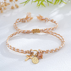 Brass Charm Bracelets, Braided Cotton Cord Adjustable Bracelets for Women Men, Cross & Oval with Virgin Mary, Tan, 11.02 inch(28cm)(TC3588-6)