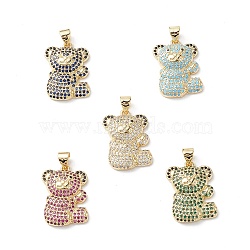 Brass Micro Pave Cubic Zirconia Pendants, Real 16K Gold Plated, Bear Charms, Mixed Color, 21x15x4mm, Hole: 5x3mm(KK-M240-19)
