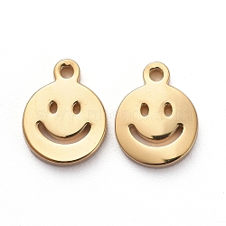 Vacuum Plating 304 Stainless Steel Charms, Cut-Out, Manual Polishing, Hollow, Flat Round with Smile, Golden, 8x6x1mm, Hole: 0.8mm(STAS-G215-03G)