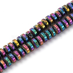 Electroplated Natural Lava Rock Beads Strands, Disc, Rainbow Plated, 6~6.5x3~3.5mm, Hole: 1.2mm, about 124pcs/strand, 15.75''(40cm)(G-A256-E01-01J)