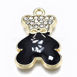 Alloy Enamel Pendants, with Crystal Rhinestone and Natural Shell, Bear, Cadmium Free & Lead Free, Light Gold, Black, 21x14.5x3mm, Hole: 1.5mm(PALLOY-T067-205A-RS)