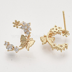 Brass Micro Pave Clear Cubic Zirconia Stud Earrings, Half Hoop Earrings, Nickel Free, Flower with Butterfly, Real 18K Gold Plated, 14x13mm, Pin: 0.8mm(X-EJEW-T007-14G-NF)